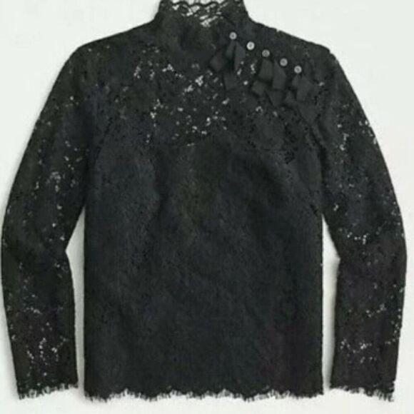 J. Crew Mockneck Floral Lace Eyelash Hem Bow Accent Top Black Sz 8 - Picture 2 of 16